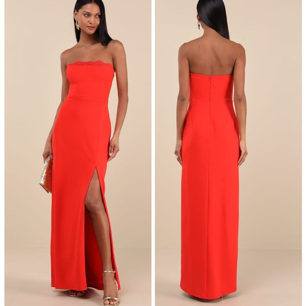 Lulus Memorably Iconic Red Strapless Lace Bustier Maxi Dress Size Small Formal